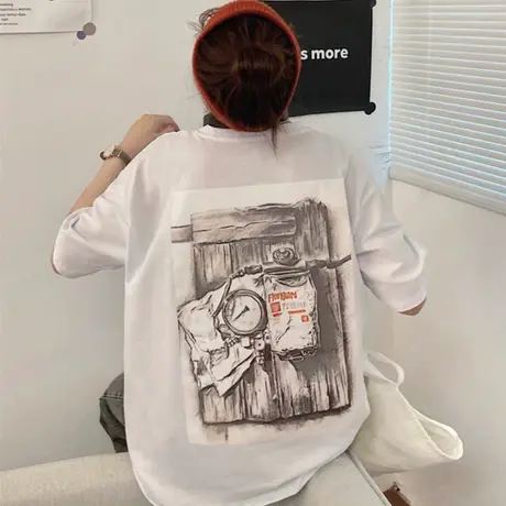 纯棉短袖t恤女夏季大码宽松韩版ins半袖设计感小众chic港味上衣服商品大图