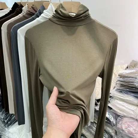 堆堆领高领纯色百搭长袖T恤女2022秋新款轻薄面膜T内搭打底衫上衣图片