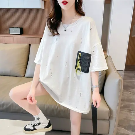 纯棉短袖t恤女夏季韩版宽松大码女装中长款小众设计感小个子上衣商品大图