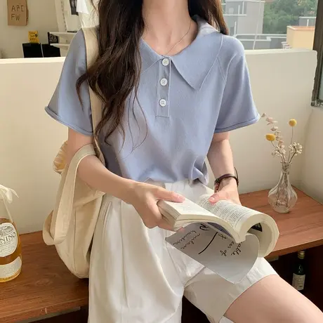 polo领针织衫短袖t恤女2023新款夏季薄款设计感宽松半袖正肩上衣图片