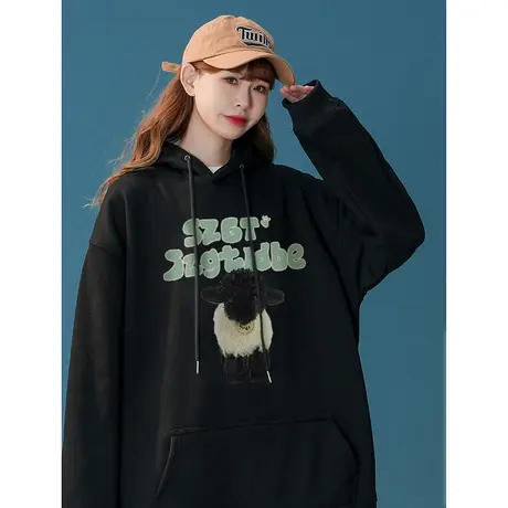 vintage美式复古设计感卫衣女秋冬季加绒加厚ins潮牌宽松大码外套图片