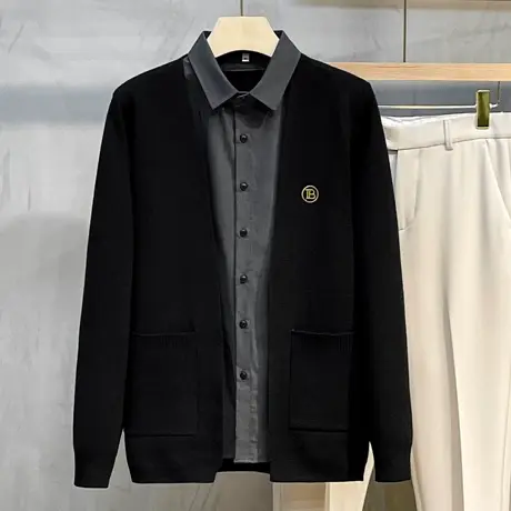 刺绣毛衣男2023春秋韩版潮假两件衬衫打底开衫外穿休闲针织外套冬商品大图