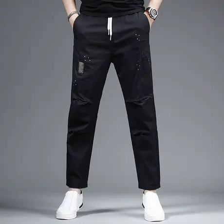 黑色裤子男款休闲裤九分裤夏季薄款潮流补丁泼墨宽松小脚男士裤子商品大图