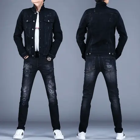 春秋薄黑色牛仔套装男高端潮牌上衣外套夹克男士修身2023新款百搭图片