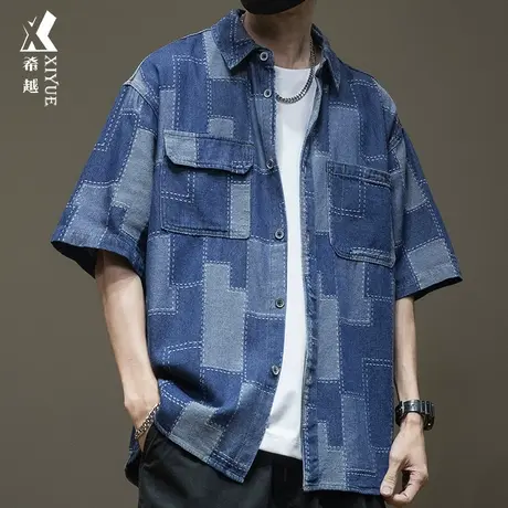 夏季拼接牛仔短袖衬衫男秋季外穿男生衬衣男士宽松大码男装格子衫商品大图