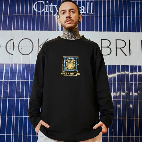 潮牌简约黑色纯棉长袖t恤男 美式宽松老虎内搭打底衫大码男装春秋商品大图