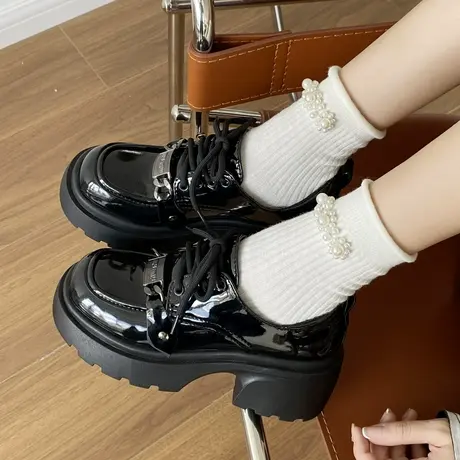 英伦风厚底小皮鞋女2023新款春秋百搭黑色jk单鞋松糕乐福鞋ins潮商品大图