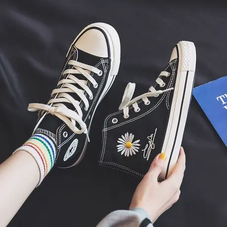 小雏菊帆布鞋2023春秋季新款女鞋高帮ulzzang学生百搭春款板鞋子商品大图