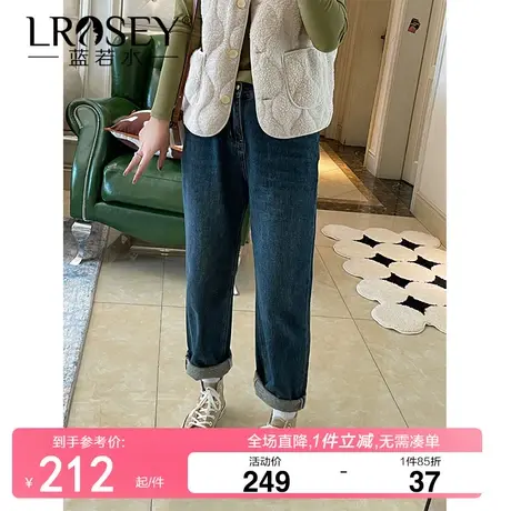 蓝若水大码女装冬季新款高腰直筒长裤胖mm显瘦宽松加绒牛仔裤商品大图