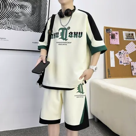 青少年夏季休闲套装男生衣服搭配帅气一套男装夏天华夫格短袖T恤图片