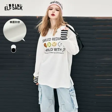 妖精的口袋白色笑脸长袖t恤女2024年早春新款宽松内搭设计感上衣图片
