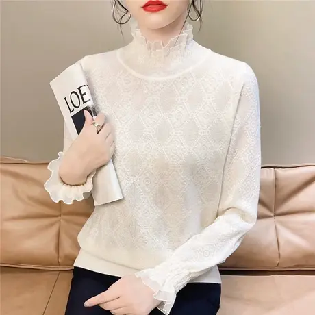 2023秋季新款半高领荷叶边修身内搭打底衫女洋气百搭长袖上衣薄款图片