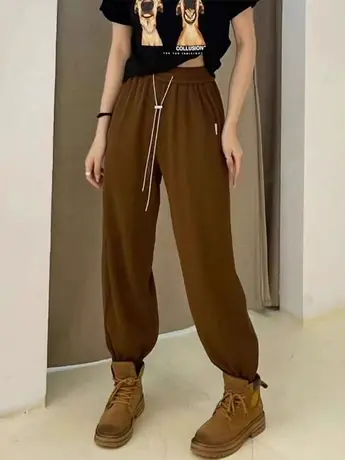 欧货2023秋季新款松紧链条抽绳宽松束脚运动休闲裤百搭纯色卫裤女商品大图