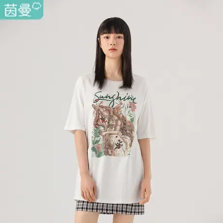 【商场同款】茵曼2023夏装新款欧式宫廷人物圆领落肩字母绣花T恤图片