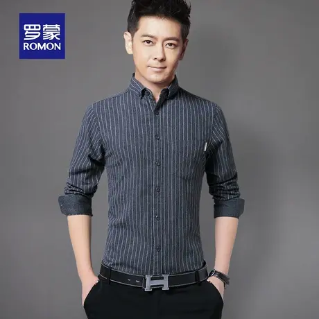 罗蒙衬衣男长袖秋季新款休闲帅气条纹上衣青年商务修身纯棉衬衫男商品大图