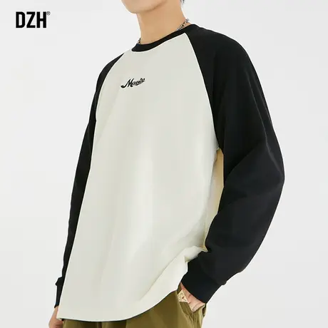 男士长袖圆领t恤男秋季纯棉插肩袖2023新款美式复古上衣撞色打底商品大图