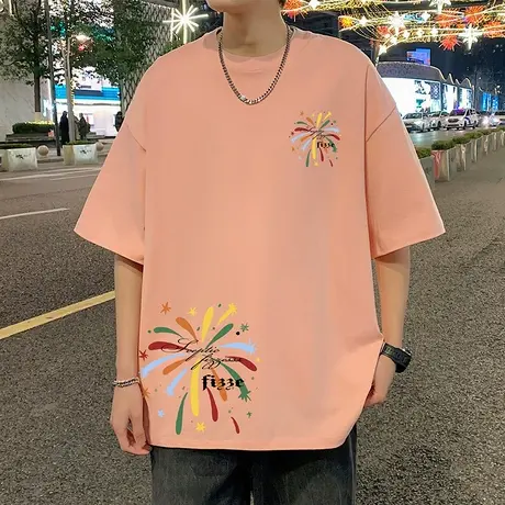 短袖t恤男夏季新款烟花休闲青少年半袖oversize大码透气纯棉上衣商品大图