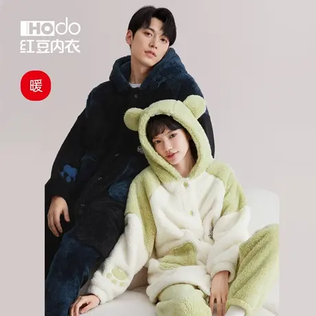 红豆情侣睡袍泡泡绒秋冬季加厚睡衣连帽男女士居家浴袍家居服套装商品大图