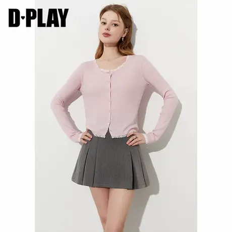 DPLAY2025年春季新款粉色针织衫女蕾丝圆领羊毛开衫小衫上衣长袖商品大图