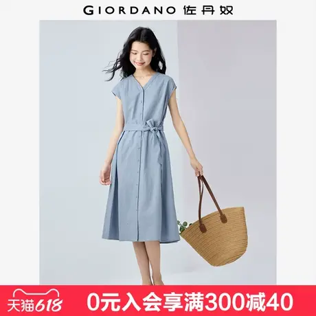 佐丹奴亚麻裙子女夏季新款棉麻V领绑带收腰连袖连衣裙女05465329图片