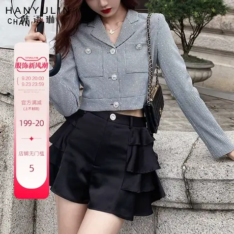 韩语琳年新款春秋装韩版黑色高腰裙裤设计感小众裤子女装短裤图片