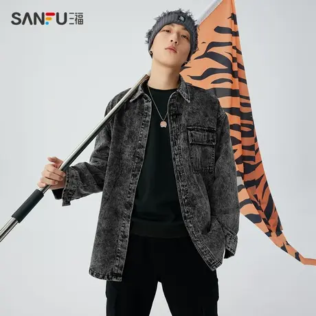 三福2023冬男士门襟飞机扣雪花牛仔衬衫 国潮宽松上衣男476265图片