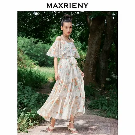 【奥莱】MAXRIENY露肩碎花裙一字领连衣裙度假风长裙图片
