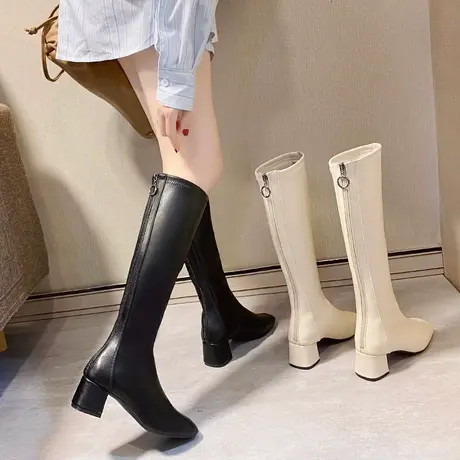 小个子白色长筒靴女不过膝2022年春秋季粗跟高筒靴高跟骑士靴子图片