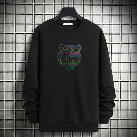 中国潮流卫衣男加绒加厚摇粒绒宽松黑色无帽上衣虎头圆领长袖t恤商品大图