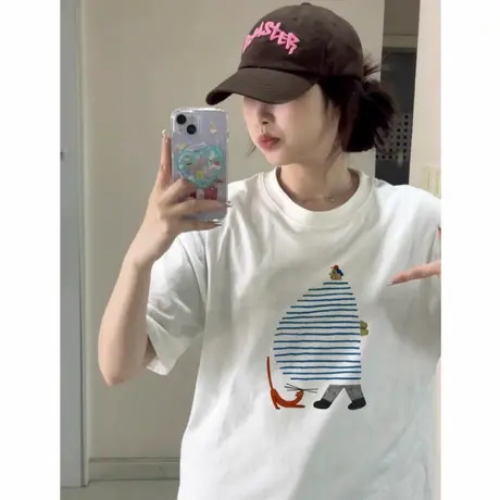 2025新款爆款纯棉短袖t恤女夏季设计感美式印花宽松半袖落肩上衣图片