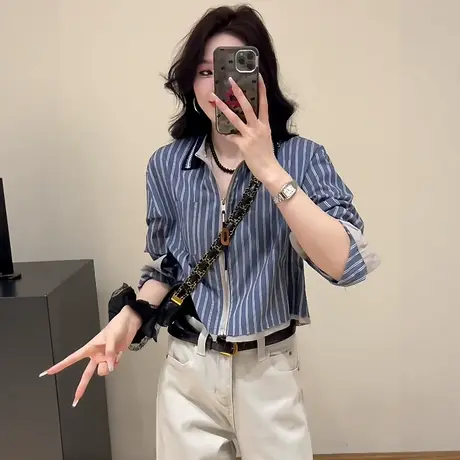 高级感撞色翻领条纹外套女款2025新款秋季宽松休闲百搭衬衫外套商品大图
