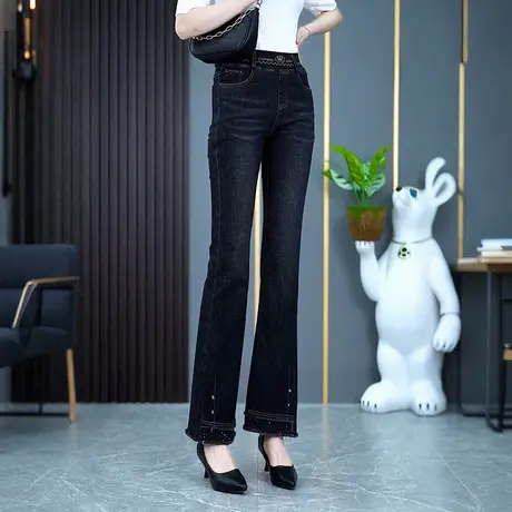 时尚洋气黑色微喇牛仔裤女弹力修身2025春秋新款显瘦毛边喇叭裤子商品大图