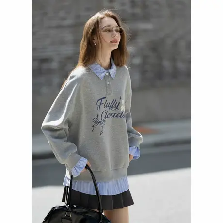 唐狮秋冬季卫衣女假两件翻领字母印花美式潮流时尚学生超好看tuTA图片