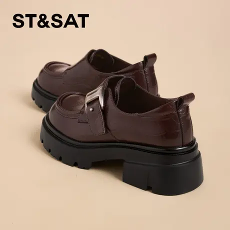 星期六厚底乐福鞋女2026年春季新款复古红棕色搭扣一脚蹬深口单鞋商品大图