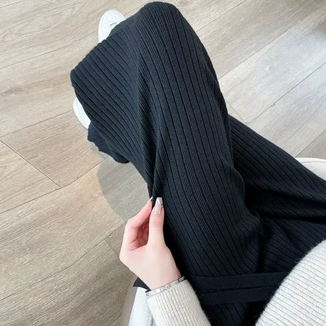 黑色针织阔腿裤女2023年秋冬新款松紧腰宽松显瘦垂感直筒休闲裤子商品大图