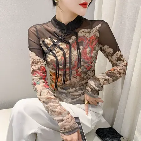 国风立领盘扣T恤女长袖性感网纱流苏撞色上衣时尚减龄修身打底衫商品大图