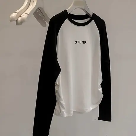 设计感小众插肩袖T恤女秋季韩版百搭修身显瘦褶皱下摆长袖上衣服商品大图