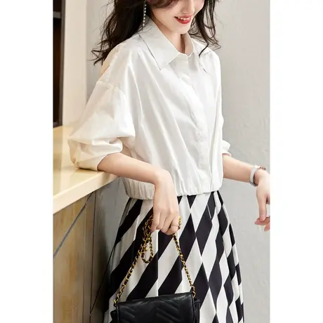 时尚气质短款棉衬衫2023年春季新款淑女温柔简约宽松显瘦通勤上衣商品大图