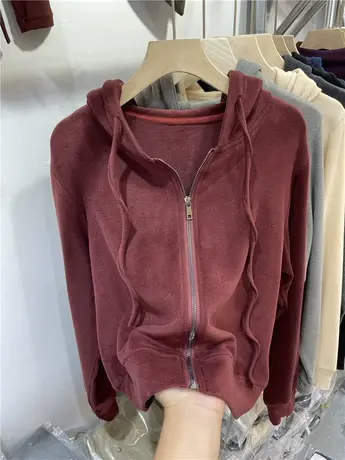 欧货连帽系带纯色双面德绒外套女2023秋冬新款宽松运动减龄上衣潮商品大图