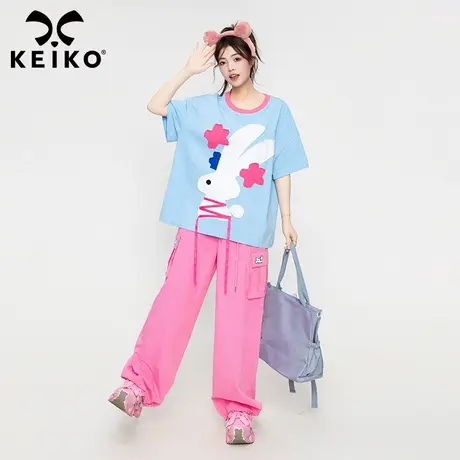 KEIKO 萌系兔子贴花短袖t恤女2023夏甜酷宽松显瘦纯棉圆领上衣潮商品大图