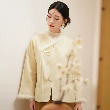 素飞中式唐装改良上衣秋冬加棉保暖棉衣水貂毛短款棉服外套SU5007图片