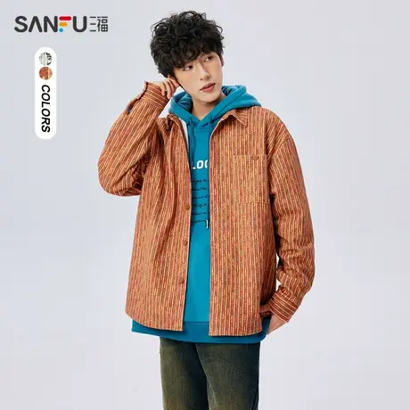 三福2023冬男士灯芯绒彩点印花长衬衫 休闲宽松翻领外套477981图片