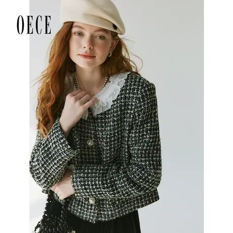 【双11新品】Oece复古格纹粗花外套女2023冬季新款设计感呢子外套商品大图