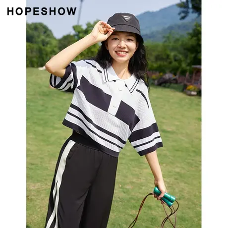 红袖outlets条纹两粒扣套头针织衫hopeshow2023秋款翻领短袖上衣商品大图