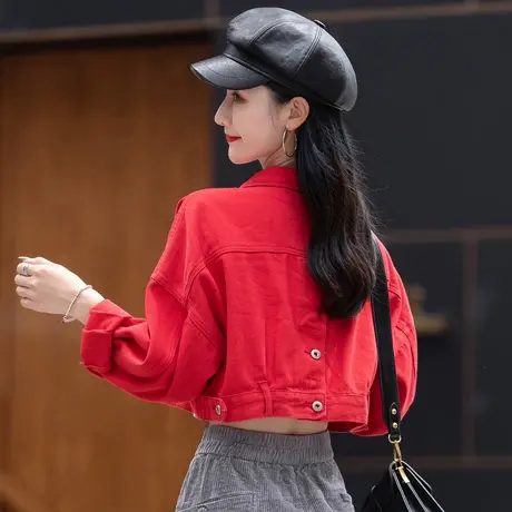 牛仔外套女2023年新款春秋大红色女生休闲宽松休闲短款牛仔衣夹克图片