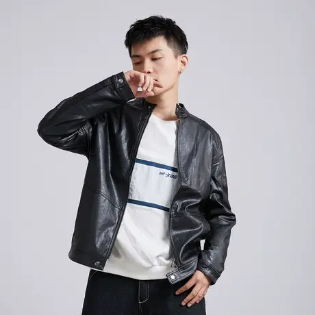 唐狮冬新款棉衣男款时尚潮酷青年机车立领绒里PU外套棉衣图片