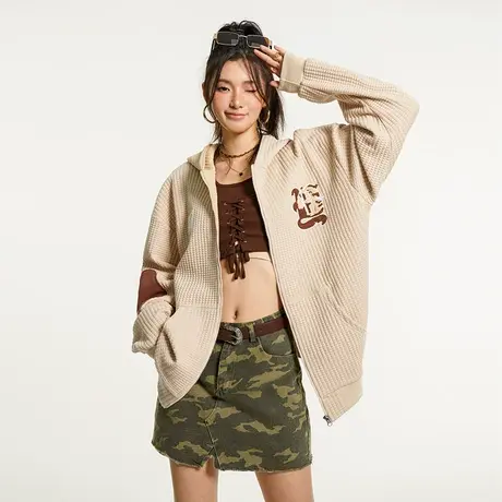 YEP华夫格外套女春秋款oversize艺术生潮牌复古拉链开衫连帽卫衣商品大图