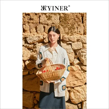 YINER音儿女装秋季花朵开衫外套慵懒风羊毛针织衫商品大图