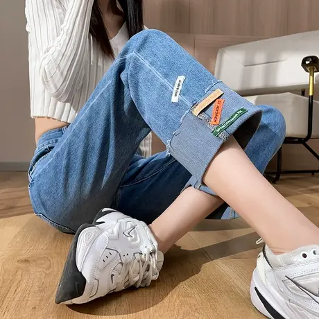 破洞牛仔裤女春秋小个子八分直筒裤春秋高腰显瘦宽松卷边烟管裤子商品大图