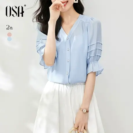 OSA欧莎粉色甜美短袖雪纺衬衫女夏季2023年新款V领荷叶边薄款上衣商品大图